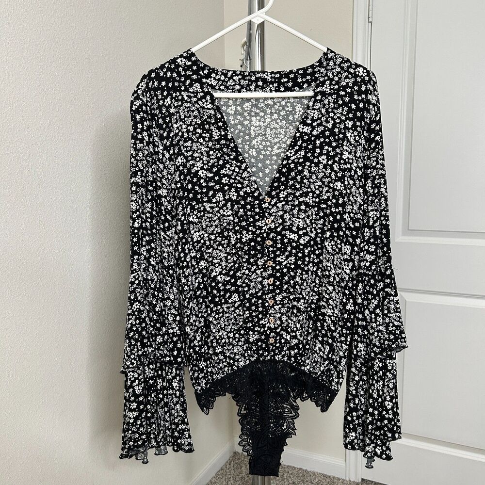 Intimately Free People Womens Ditsy Floral Bodysuit Small Black Rayon Boho Chic